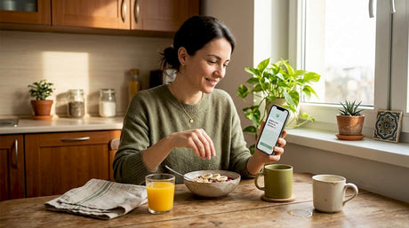 Жена се наслаждава на здравословна закуска, богата на минерали, в залята от слънчева светлина кухня.