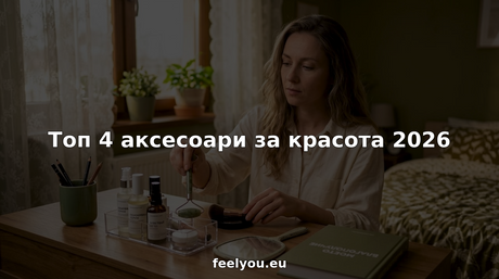 Жена подрежда своите козметични продукти и аксесоари пред огледалото на тоалетката.