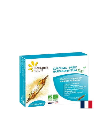 Здрави стави - Куркума + Дяволски нокът и Полски хвощ Био, 10 ампули за пиене Fleurance Nature - Feel You