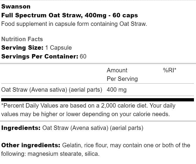 Full Spectrum Oat Straw 400 mg 60 капсули - Feel You