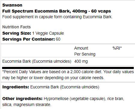 Full Spectrum Eucommia Bark 400 mg 60 капсули - Feel You