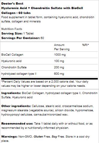 BEST Hyaluronic Acid + Chondroitin Sulfate / with BioCell Collagen - 60 Таблетки - Feel You