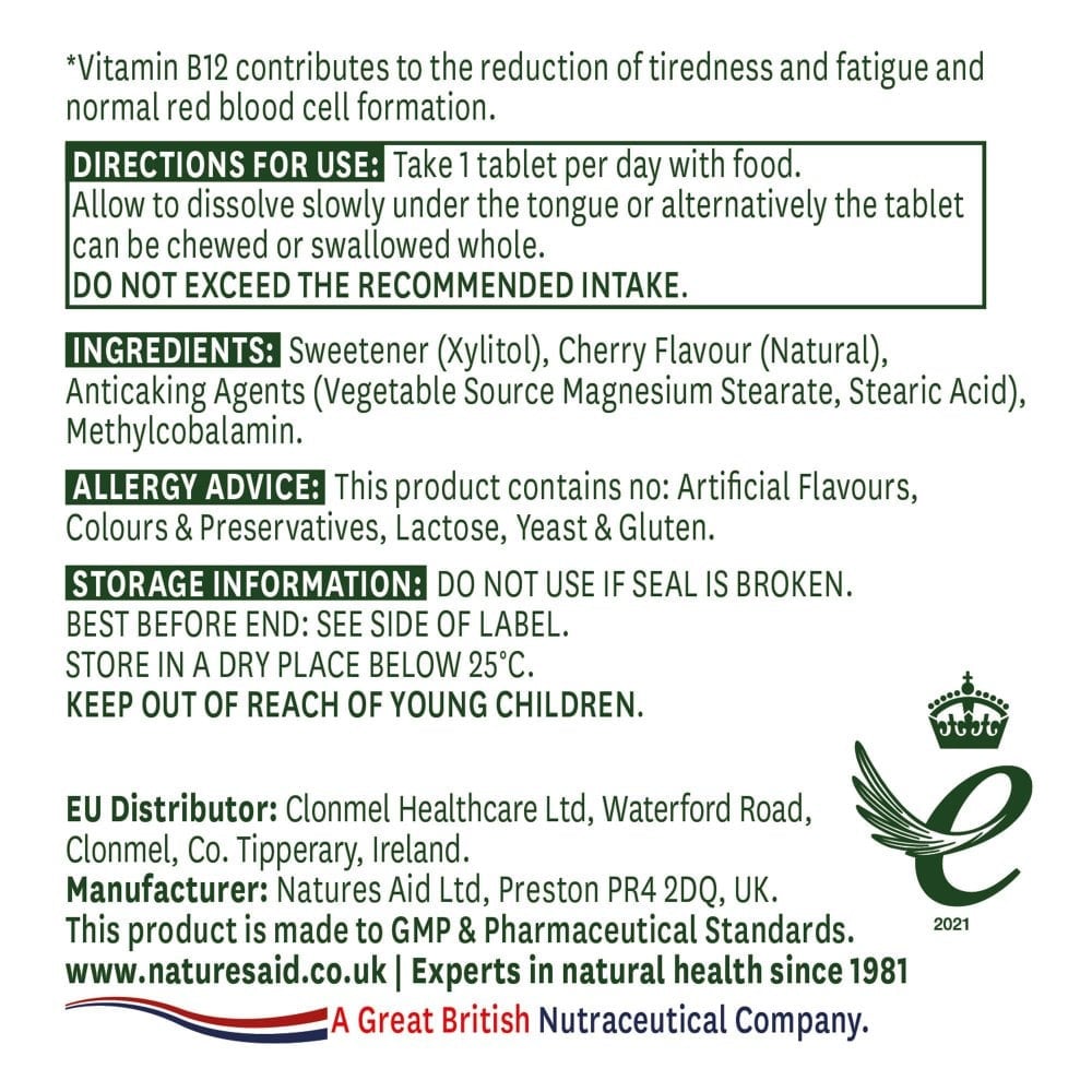 Метилкобаламин Витамин В12 1000mg 90 сублинвинални таблетки, Natures Aid - Feel You