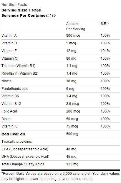 Cod Liver Oil 500 mg | With Multi Vitamins - 180 Гел капсули - Feel You