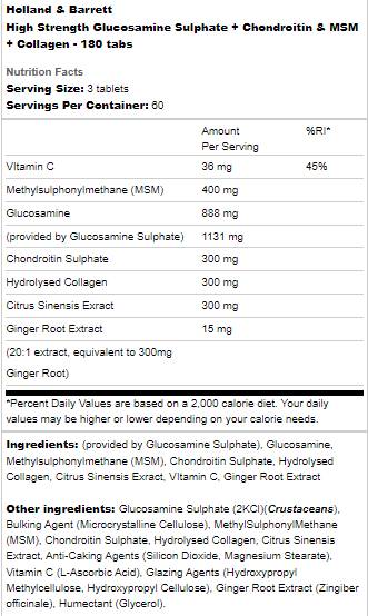 High Strength Glucosamine Sulphate | With Chondroitin, MSM and Collagen - 180 Таблетки - Feel You