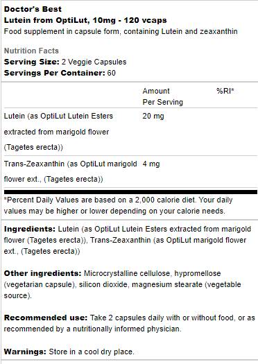 Lutein 10 mg | From OptiLut - 120 капсули - Feel You