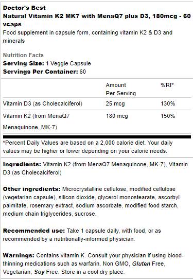 BEST Natural Vitamin K2 MK-7 180 mcg | Plus D-3 - 60 капсули - Feel You