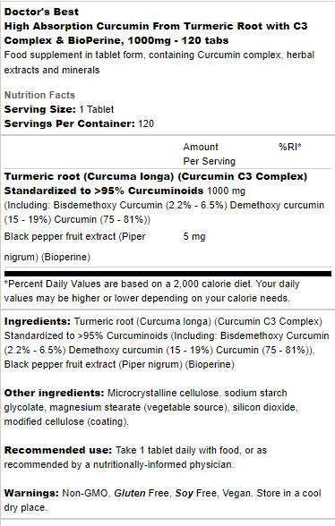 High Absorption Curcumin 1000 mg | With C3 Complex & BioPerine - 120 Таблетки - Feel You