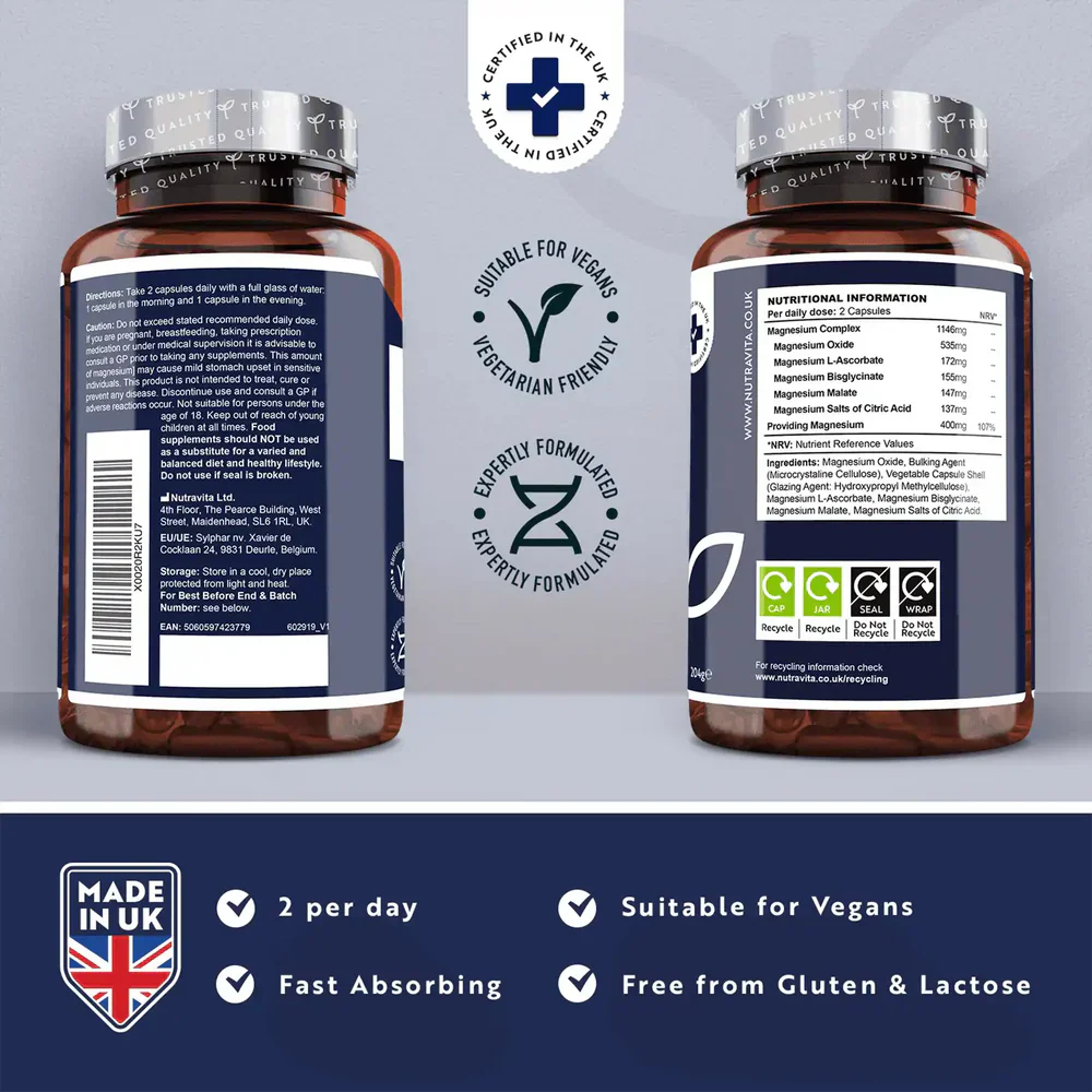 Магнезиев комплекс – 240 капсули с висока концентрация – Веган – Nutravita - Feel You
