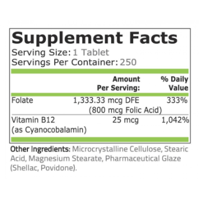 FOLIC ACID - 800 mcg + B-12 - 250 таблетки