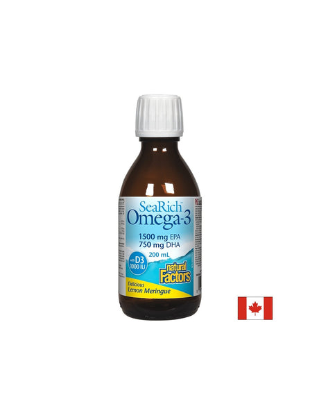 Мозъчна дейност, здрави кости и стави - Омега 3 и витамин D3 SeaRich, 200 ml Natural Factors - Feel You