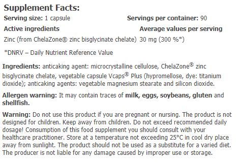 ChelaZone® ZincChel® Zinc Bisglycinate Chelate / 90 Vcaps
