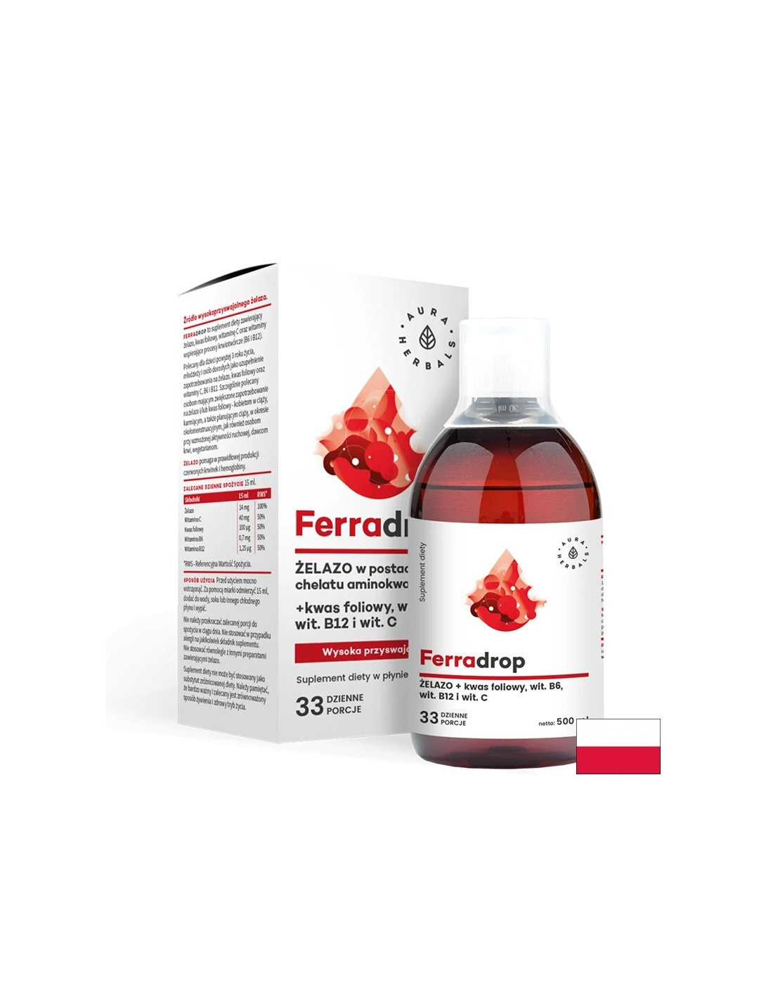 Желязо + фолиева киселина с витамини С, В6, В12, 500 ml Aura Herbals - Feel You