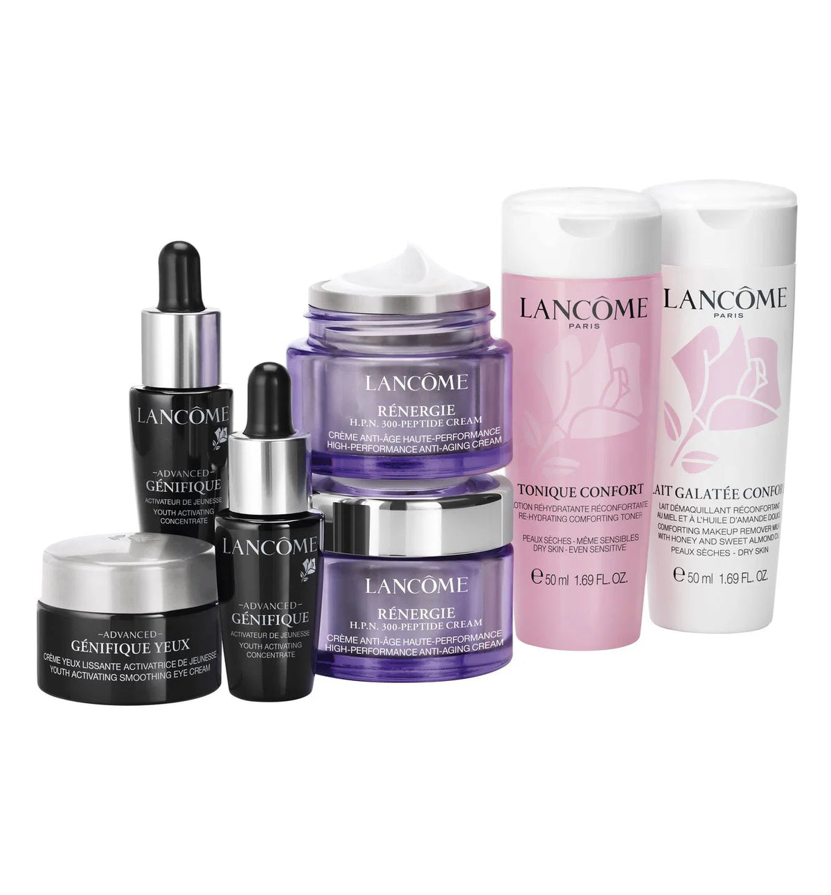Set Lancome: Renergie HPN 300-Peptide, Anti-Aging, Daily, Cream, For Face, 2 pcs, 15 ml + Advanced Genifique, Anti-Aging, Serum, For Face, 2 pcs, 7 ml *Miniature + Advanced Genifique, Hydration, Eye Cream, 5 ml + Galatée Confort, Free of allergens...