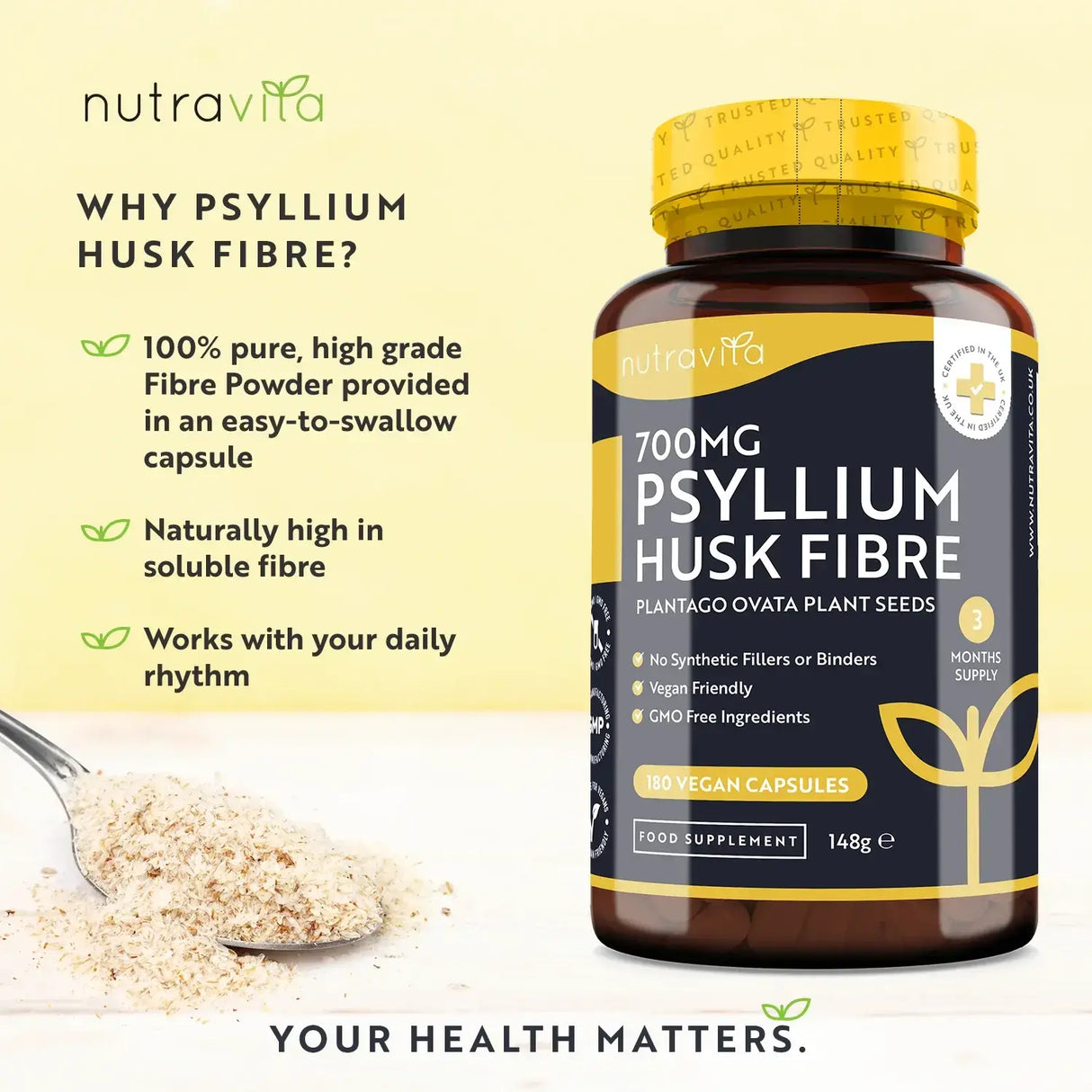 Psyllium Husk Fibre 700mg 180 Vcaps Nutravita - Nutra Best Bulgaria