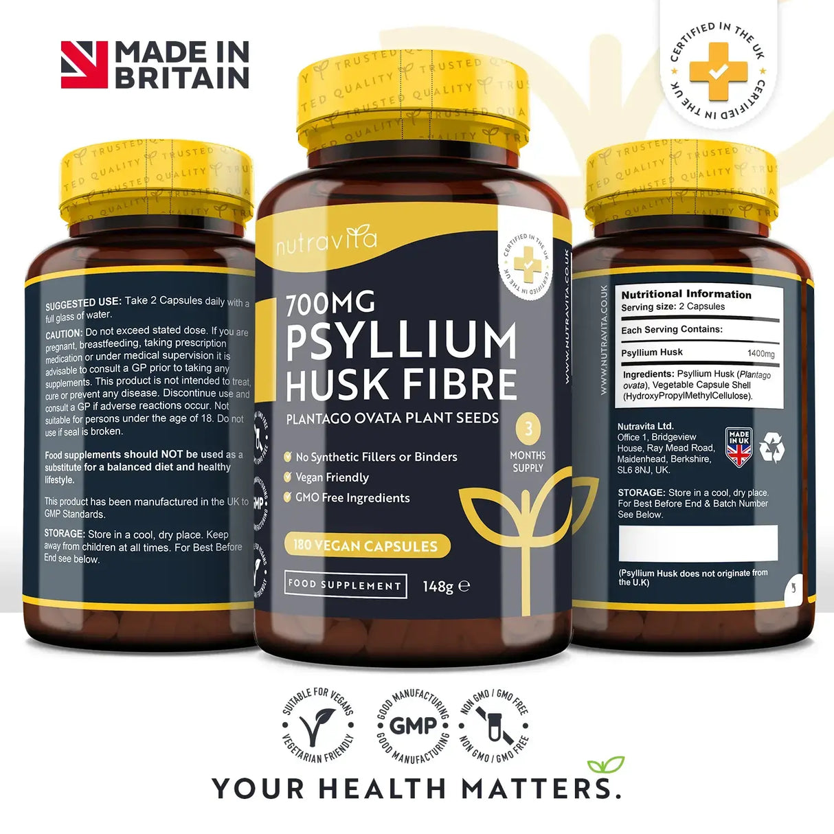Psyllium Husk Fibre 700mg 180 Vcaps Nutravita - Nutra Best Bulgaria