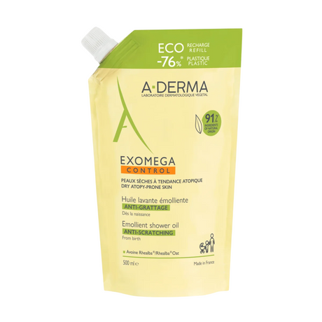 A-Derma - Exomega Control Emollient Shower Oil - Náhradní náplň do zvláčňujícího sprchového oleje pro suchou pokožku se sklonem k atopickému ekzému - 500ml - Feel You