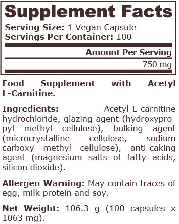 ACETYL L-CARNITINE 750 mg - 100 vegan capsules