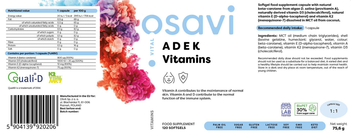 ADEK Vitamins | A + D + E + K | with Quali-D® - 120 Гел капсули - Feel You