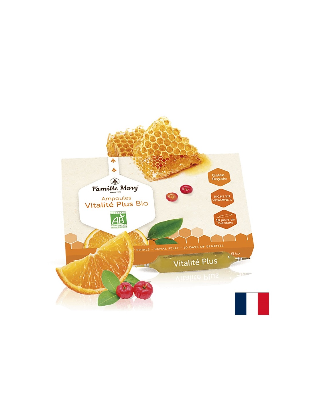 Ampoules Vitalité Plus Bio Jus d’orange Acerola / Виталити плюс био с пчелно млечице, портокал и ацерола, 10 бр. ампули за пиене Famille Mary - Feel You
