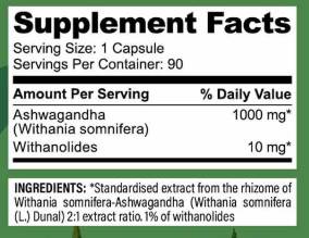 Ashwagandha 1000 mg | with 10 mg Withanolides - 90 капсули - Feel You