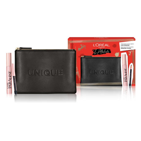 Atelier Kit Set L'Oreal Paris: Lash Paradise, Volumizing & Lengthening, Mascara, Extra Black, 6.4 ml + Paradise, Kajal Eye Pencil, 1.2 g + Textile Makeup Bag, Black - Feel You