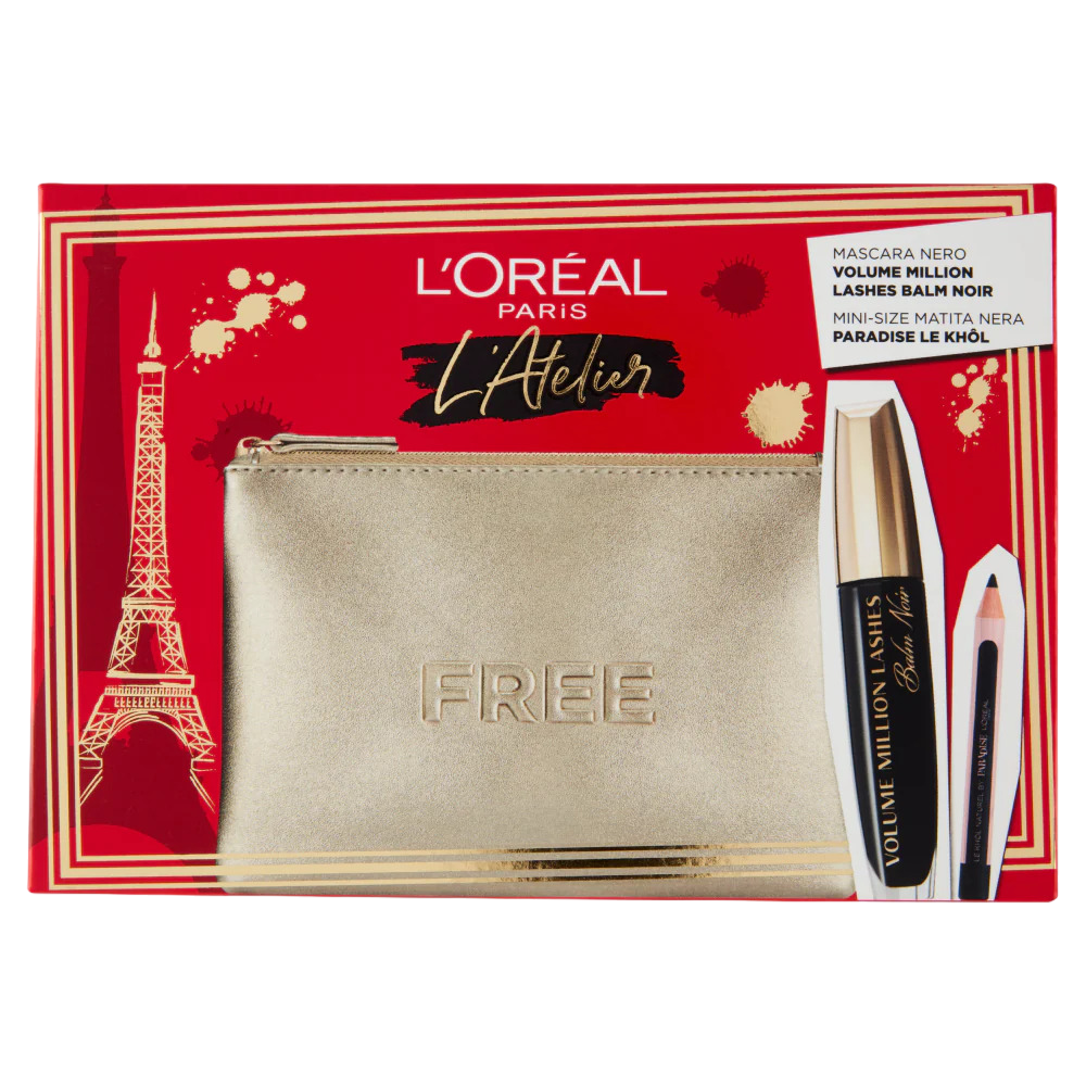 Atelier Kit Set L'Oreal Paris: Volume Million Lashes, Volumizing & Lengthening, Mascara, Black, 8.9 ml + Paradise, Kajal Eye Pencil, 1.2 g + Textile Makeup Bag, Gold - Feel You