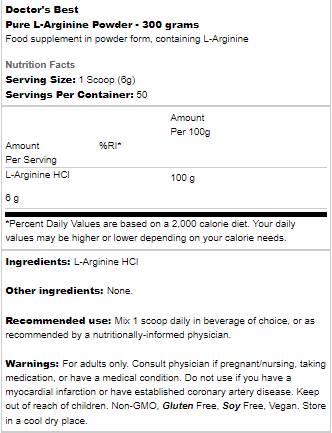 BEST Pure L-Arginine Powder - 300 грама - Feel You