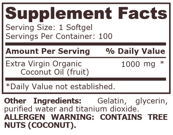ORGANIC COCONUT OIL 1000 mg - 100 Liquid Capsules