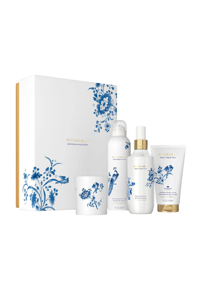 Set Rituals:  Amsterdam Collection, Cleansing, Shower Mousse, 200 ml +  Amsterdam Collection, Hydrating, Body Cream, 150 ml +  Amsterdam Collection, Scented Candle, 140 g +  Amsterdam Collection, Dutch Tulips, Cardamom & Japanese Yuzu, Room Spray, 200 ml - Feel You