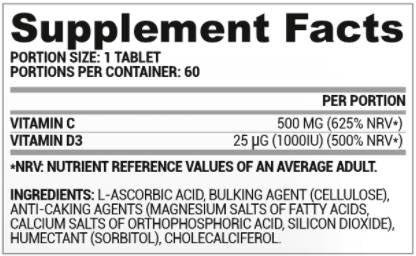 Vita C + D3 | Vitamin C 500 mg + Vitamin D 1000 IU 60 Таблетки - Feel You