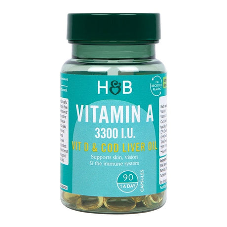 Витамин А и D с рибено масло (Vitamin A + Vit D & Cod Liver Oil) 3300 I.U. 90 капсули, H&B - Feel You