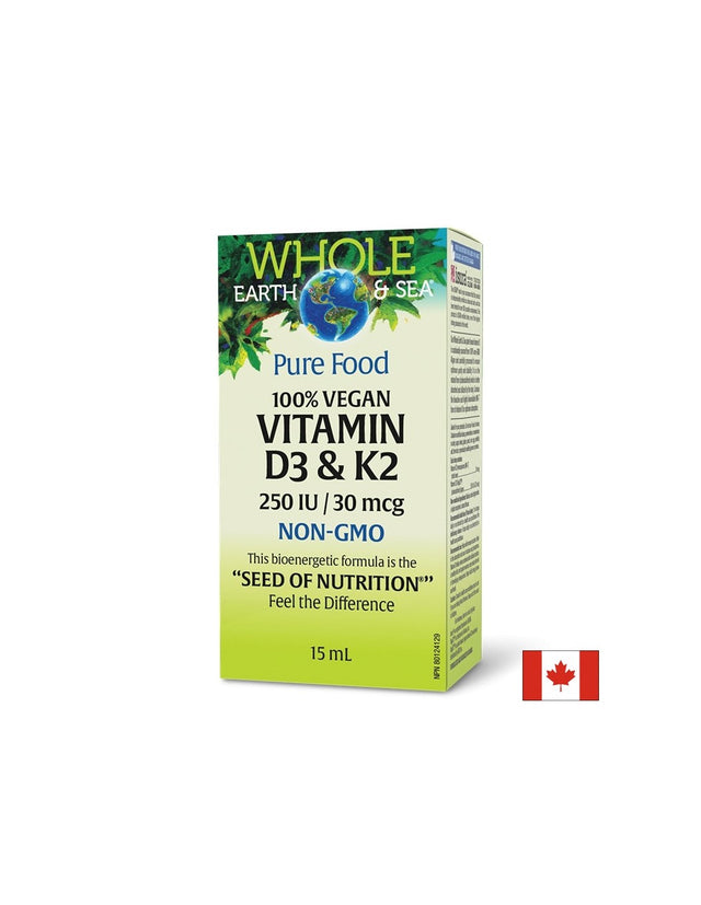 Витамин D3 250 IU + K2 30 µg Whole earth and sea® - За кости, имунитет и здрави кръвоносни съдове, 15 ml капки - Feel You