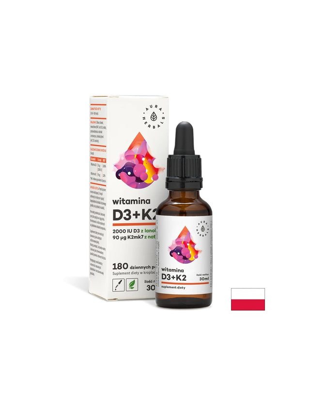Кости и зъби - Витамин D3 + K2, 30 ml капки Aura Herbals - Feel You
