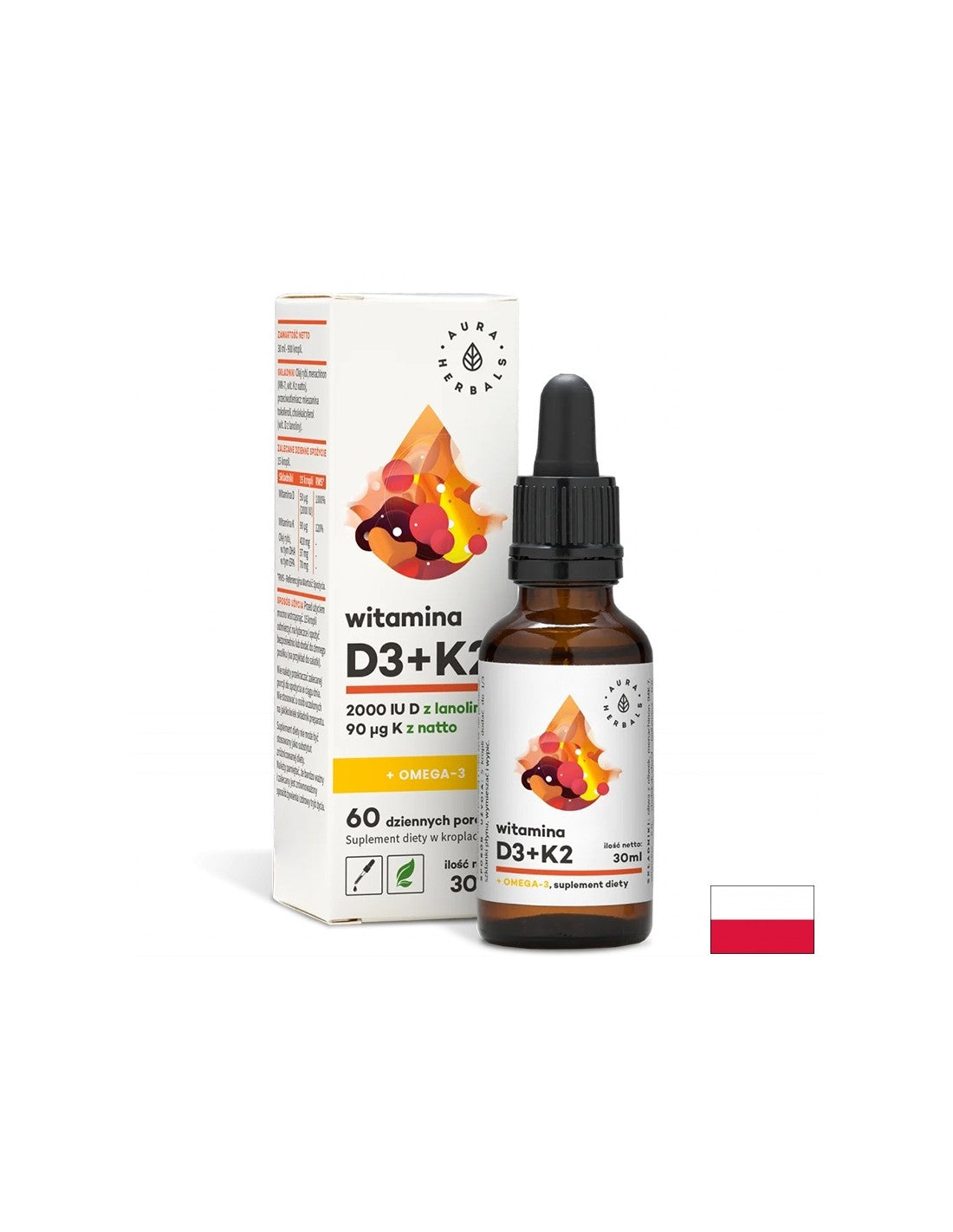 В подкрепа на костите, имунитета и мозъчната функция - Витамин D3 + K2 + Oмега-3, 30 ml капки Aura Herbals - Feel You