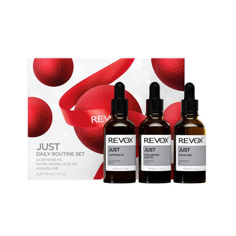 Daily Routine Set Revox B77: Just, Caffeine 5%, Anti-Dark Circles, Day, Eye Serum, 30 ml + Just, Hyaluronic Acid 5%, Hydrating, Fluid, For Face, 30 ml + Just, Squalane, Nourishing, Oil, For Face, 30 ml - Feel You