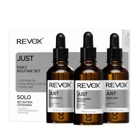 Daily Routine Set Revox B77: Just, Squalane, Nourishing, Oil, For Face, 30 ml + Just, Caffeine 5%, Anti-Dark Circles, Day, Eye Serum, 30 ml + Just, Hyaluronic Acid 5%, Hydrating, Fluid, For Face, 30 ml - Feel You