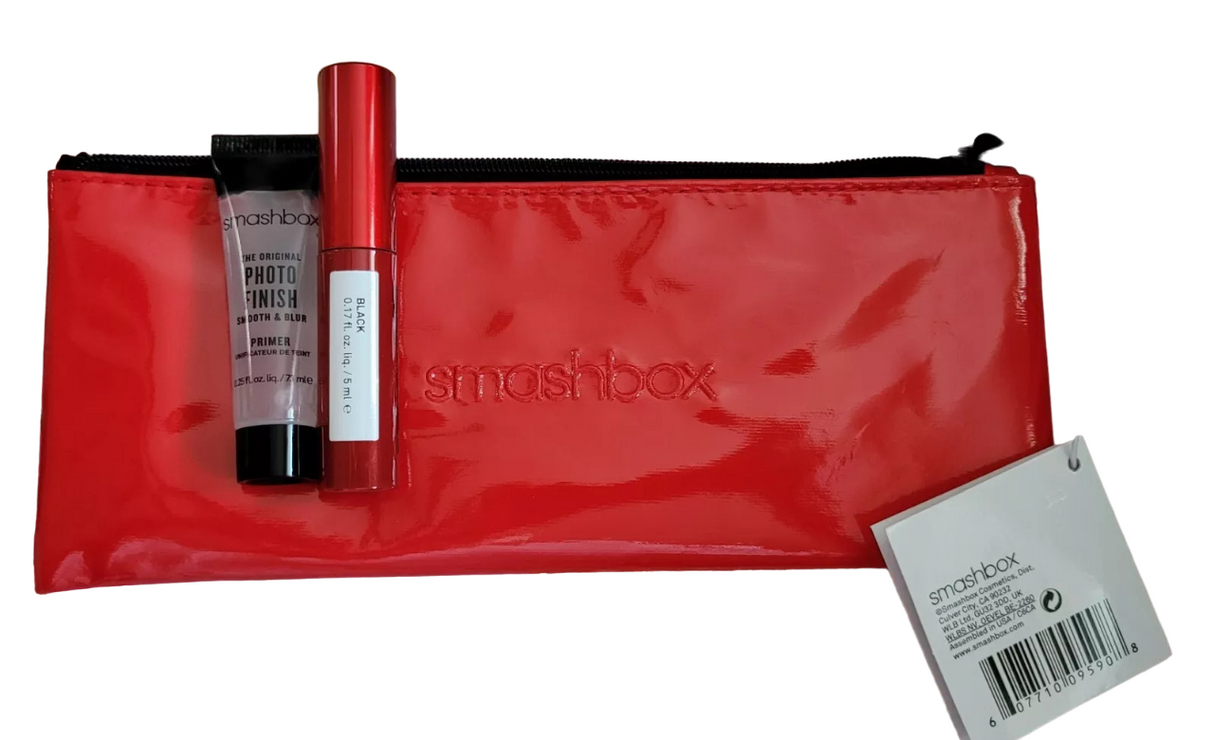 Deluxe Trial Size Set Smashbox: Super Fan, Volumizing, Mascara, Black, 5 ml + Photo Finish, Smoothing, Liquid Primer, 7.1 ml + Textile Makeup Bag, Red - Feel You