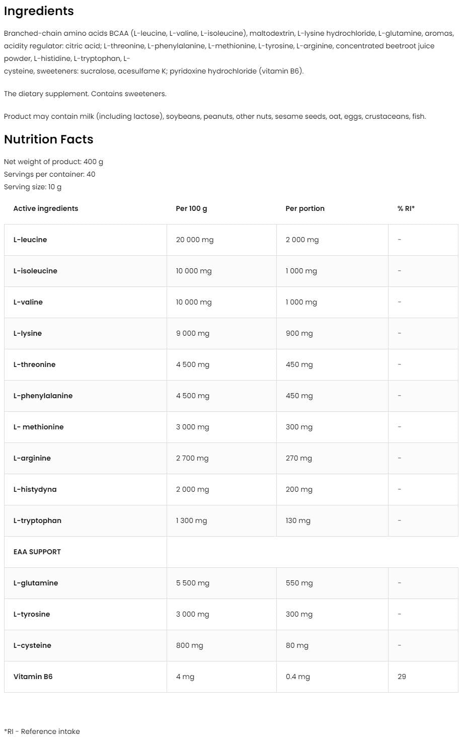 EAA / Essential Amino Acids - 400 грама - Feel You