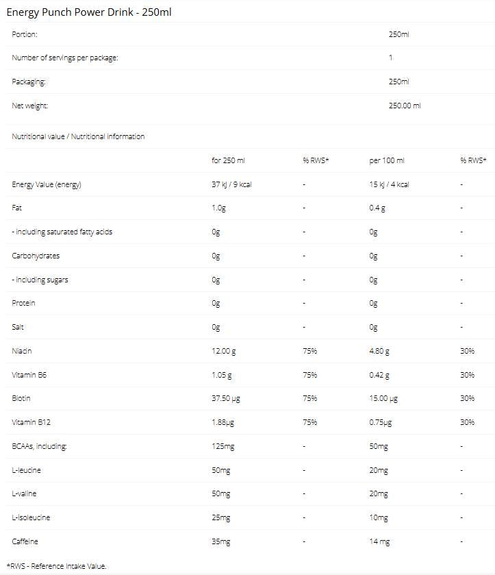 Energy Punch Power Drink | with BCAA & Caffeine - 250 мл - Feel You