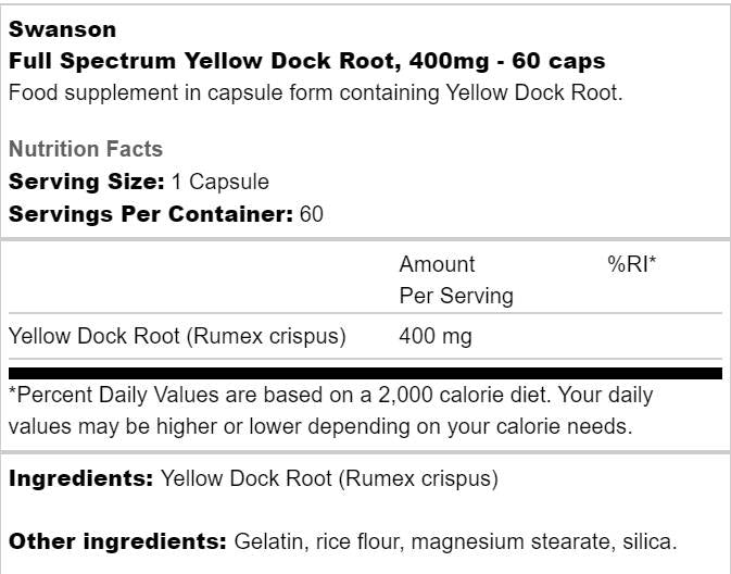 Full Spectrum Yellow Dock Root 400 mg 60 капсули - Feel You