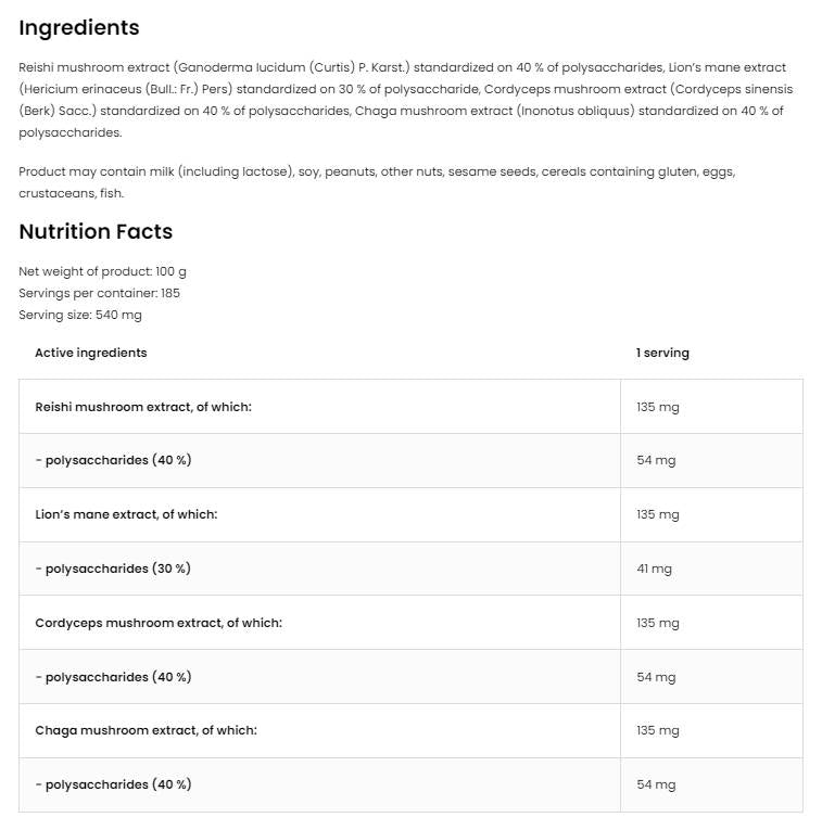 Quatro Mushroom Blend Powder | Lion&#39;s Mane ~ Reishi ~ Cordyceps ~ Chaga 100 грама - Feel You