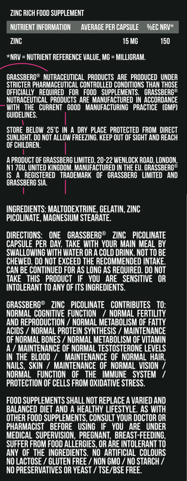 GRASSBERG Zinc Picolinate 15mg - High Absorbtion 60 Caps - Feel You