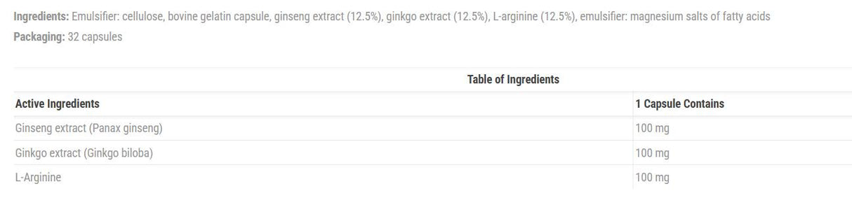 Ginseng Ginkgo Biloba L-Arginine - 32 капсули - Feel You