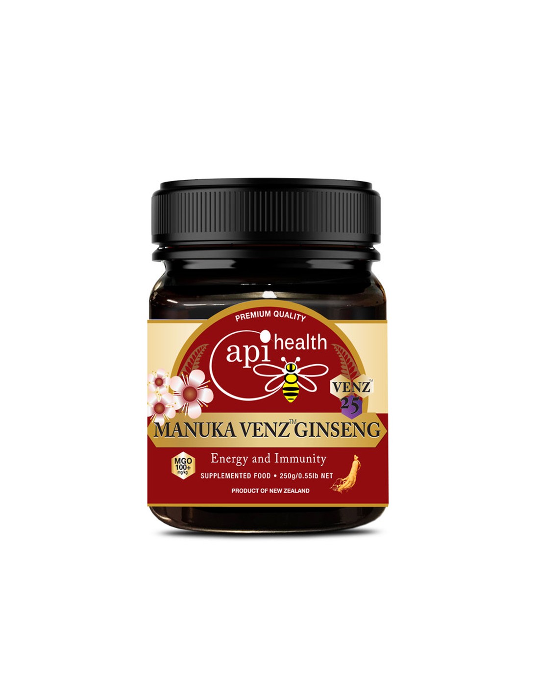 Пчелен мед Манука с пчелна отрова и женшен Ginseng VENZ MGO 100+ Фокус, издръжливост и защита от стрес 250 g - Feel You