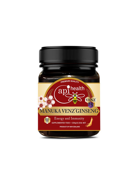 Пчелен мед Манука с пчелна отрова и женшен Ginseng VENZ MGO 100+ Фокус, издръжливост и защита от стрес 250 g - Feel You
