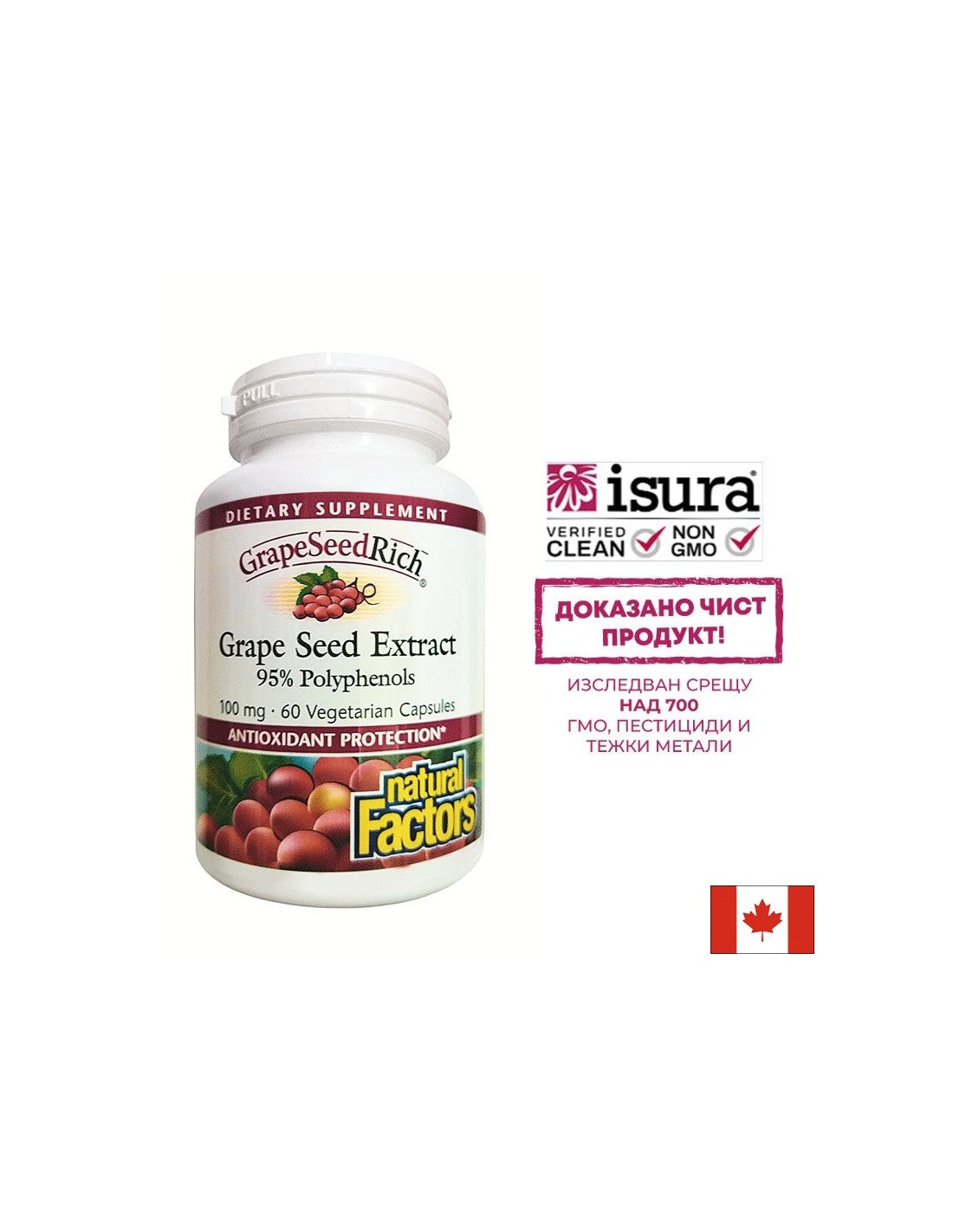Антиоксидант - Гроздово семе GrapeSeedRich, 100 mg х 60 V капсули Natural Factors - Feel You