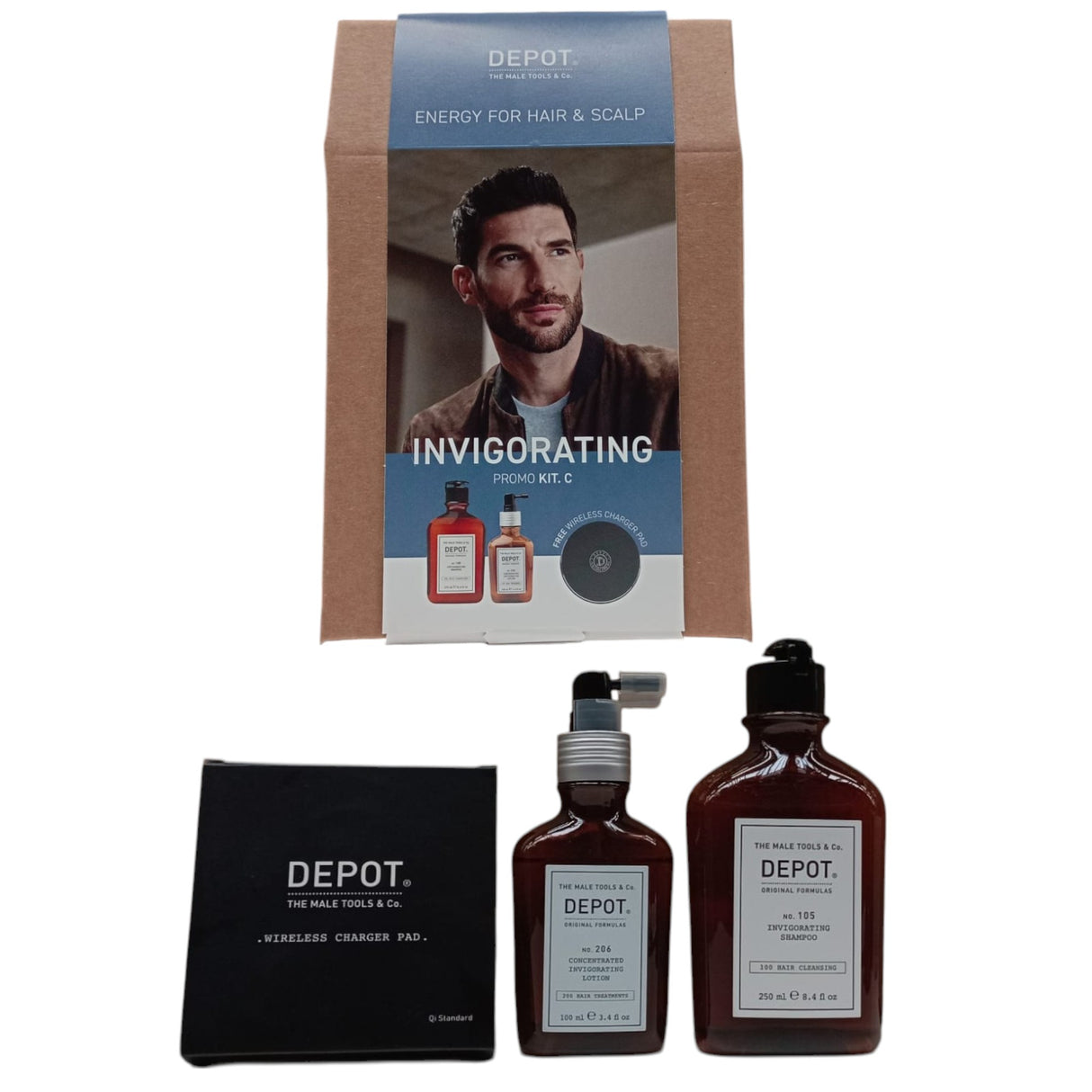 Invigorating Kit C Set Depot: 100 Hair Cleansing No. 105, Multivitamin Complex, Hair Shampoo, Anti-Hair Loss, 250 ml + 200 Hair Treatments No. 206, Hair Lotion Treatment, Invigorating, 100 ml - Feel You