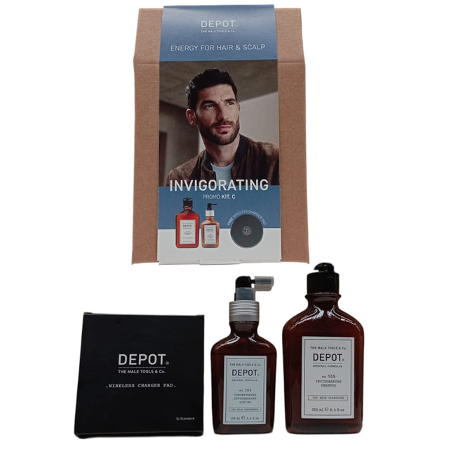 Invigorating Kit C Set Depot: 100 Hair Cleansing No. 105, Multivitamin Complex, Hair Shampoo, Anti-Hair Loss, 250 ml + 200 Hair Treatments No. 206, Hair Lotion Treatment, Invigorating, 100 ml - Feel You