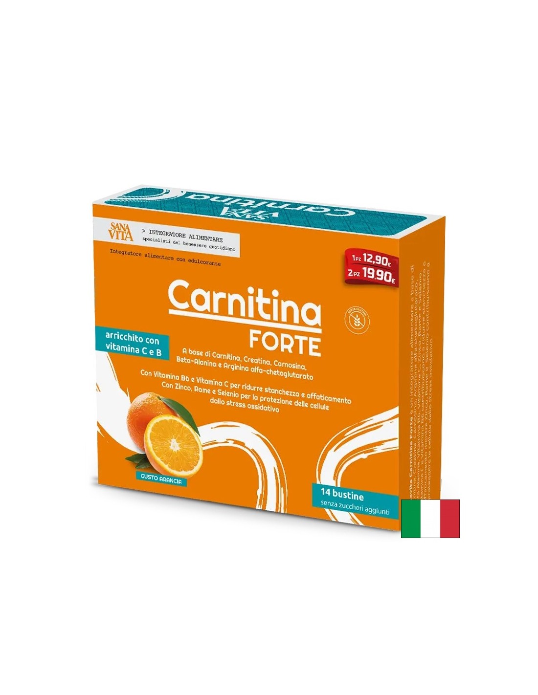 L-Карнитин Форте (с креатин, L-аргинин, L-карнозин, витамини и минерали) - Енергия и издръжливост, 14 сашета, с вкус на портокал - Feel You